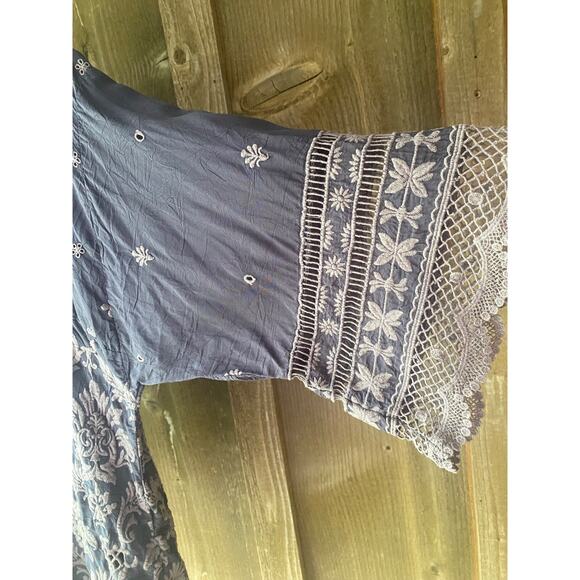 Johnny Was Embroidered Charcoal Gray Tunic XS Eyelet Lace Cupra Rayon - Picture 9 of 16